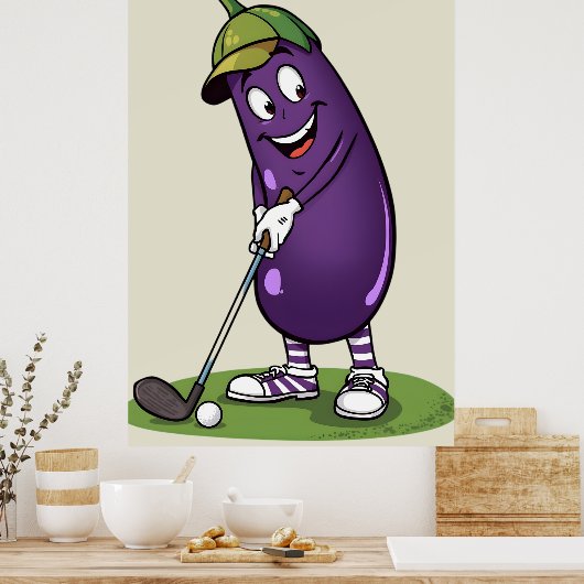 Poster Funny Golf Eggplant Character: Cartoon Golfer Vege (Cuisine)
