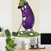 Poster Funny Golf Eggplant Character: Cartoon Golfer Vege (Bureau à domicile)