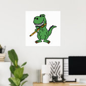 Poster Funny Green T-rex Dinosaur Playing Flute (Bureau à domicile)