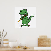 Poster Funny Green T-rex Dinosaur Playing Flute (Cuisine)