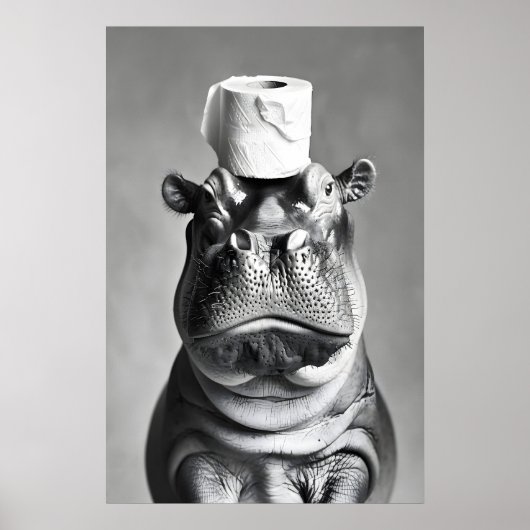Poster Funny Hippo Bathroom Art Print, Toilet Paper Hat (Devant)