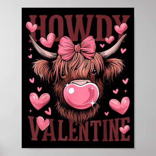 Poster Funny Howdy Valentine Highland Cow Valentine’s Day (Devant)