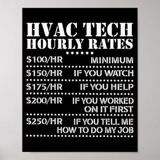 Poster Funny Hvac Tech Hourly Rate Chart Men Women  (Devant)