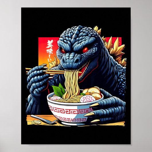 Poster Funny Kaiju Eating Ramen Japanese Monster Lover Bi (Devant)
