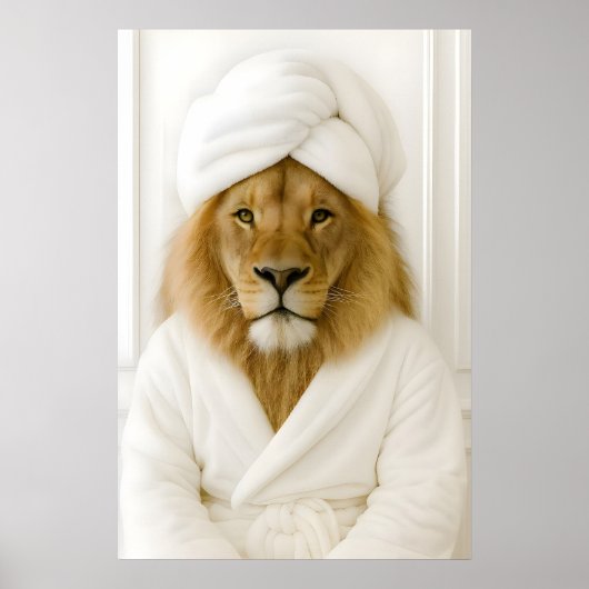 Poster Funny Lion Bathroom Print, Lion In Bathrobe (Devant)