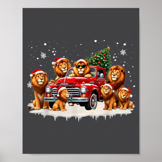 Poster Funny Lion Riding Christmas Tree Truck Christmas  (Devant)