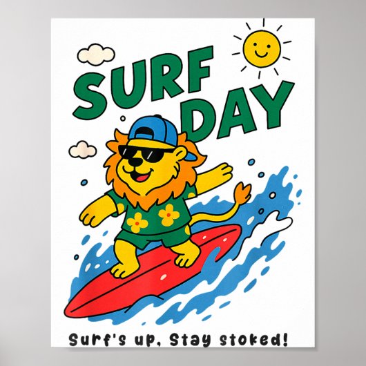 Poster Funny Lion Surfing Summer Vacation Surf Day Boys G (Devant)