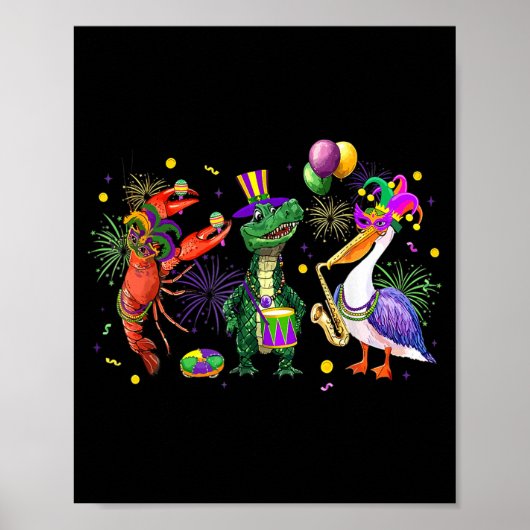 Poster Funny Mardi Gras 2026 Crocodile Crawfish Pelican N (Devant)