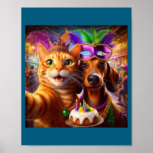 Poster Funny Mardi Gras Cat Dachshund Selfie Squad  (Devant)
