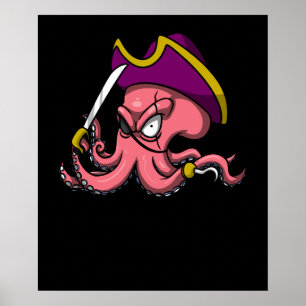 Poster Funny Octopus Pirate Océan marin Capitaine