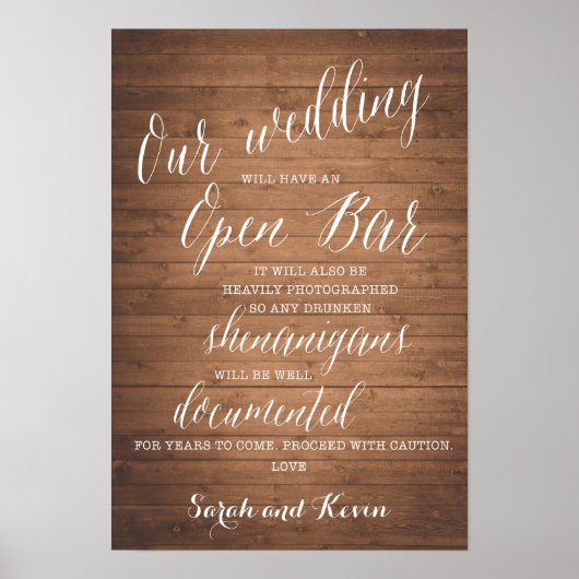 Poster Funny Open Bar Mariage signe | Noms personnalisés (Devant)