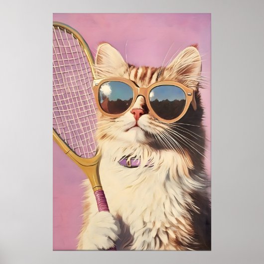 Poster Funny Pink Cat Tennis Art Print - Cute Wall for (Devant)