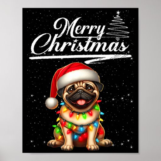 Poster Funny Pug Dog Christmas Lights Santa Hat Candy Can (Devant)