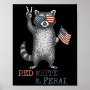 Poster Funny Raccoon Feral, mais gratuit 4 juillet patrio