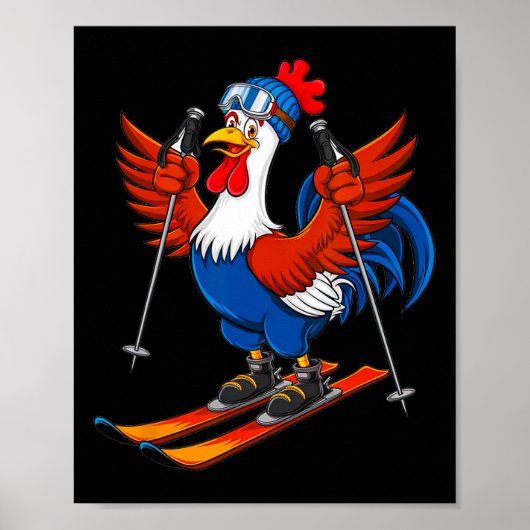 Poster Funny Rooster Skiing Adventure Cartoon (Devant)