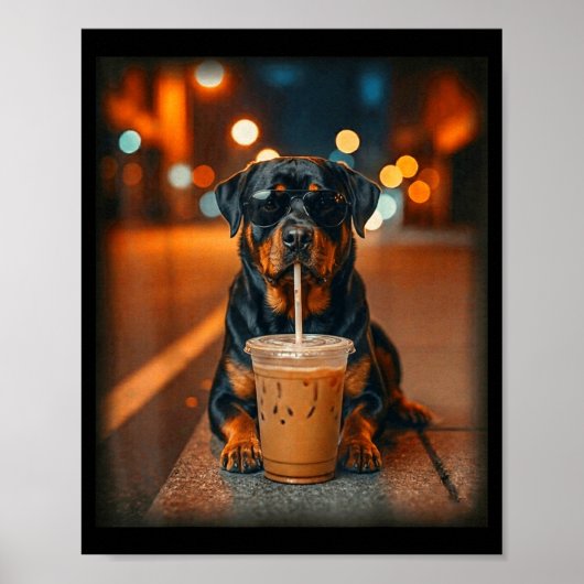 Poster Funny rottweiler drinking iced coffee lover dog (Devant)