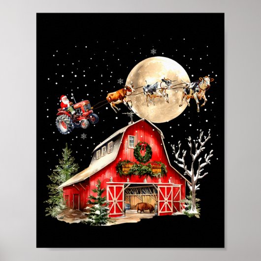 Poster Funny Santa Claus Tractor Cows Farm Farmer Christm (Devant)