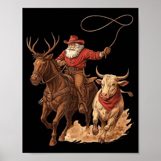 Poster Funny Santa Cowboy Rodeo Reindeer Western Horse Ro (Devant)
