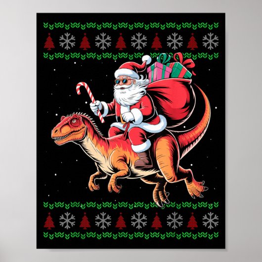 Poster Funny Santa Riding Dinosaur Animal Ugly Christmas  (Devant)