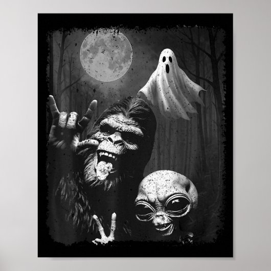 Poster Funny Sasquatch & Alien Rock On Hand Sign Ghos (Devant)
