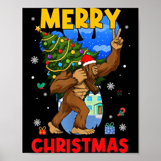 Poster Funny Sasquatch Santa Bigfoot Christmas Tree Xmas  (Devant)