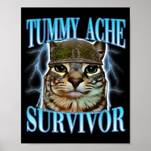 Poster Funny Saying Cats Tummy Ache Survivor Cat Meme Hum (Devant)