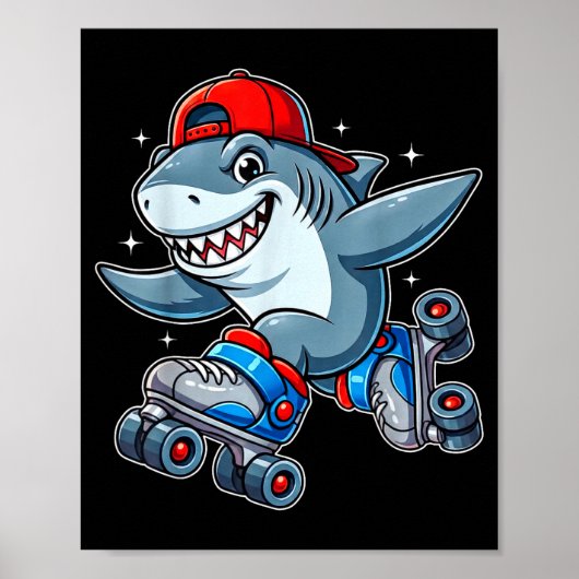 Poster Funny Shark On Roller Skates Cute Cool Skater Anim (Devant)