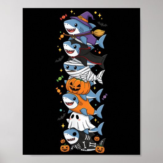 Poster Funny Shark Witch Vampire Ghost Halloween Kids Men (Devant)