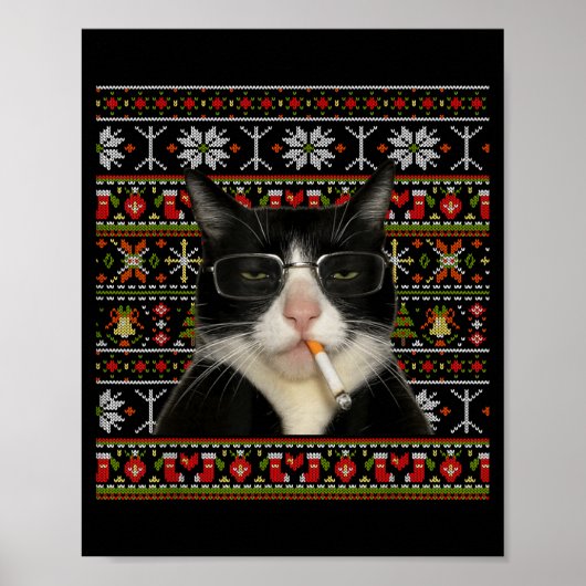 Poster Funny Smoking Cat Meme Christmas Ugly Sweater Cat  (Devant)