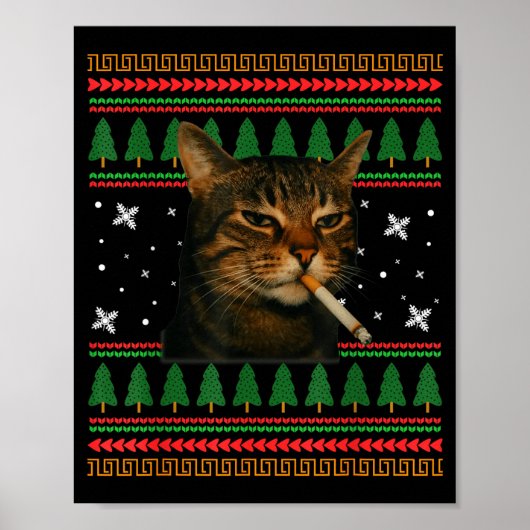 Poster Funny Smoking Cat Meme Christmas Ugly Sweater Cat (Devant)