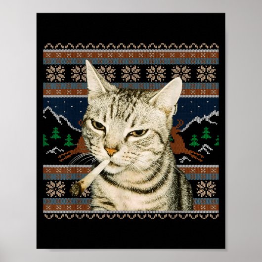 Poster Funny Smoking Cat Meme Christmas Ugly Sweater Cat  (Devant)