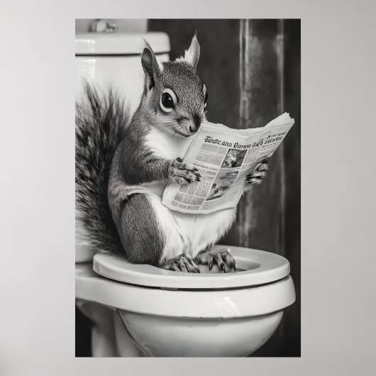 Poster Funny Squirrel Bathroom Print, Reading Newspaper (Devant)
