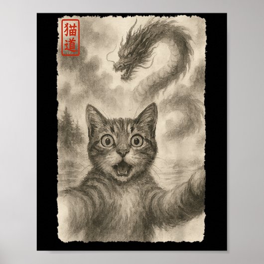 Poster Funny Sumi-e Kawaii Surprised Chat effrayé Selfie (Devant)