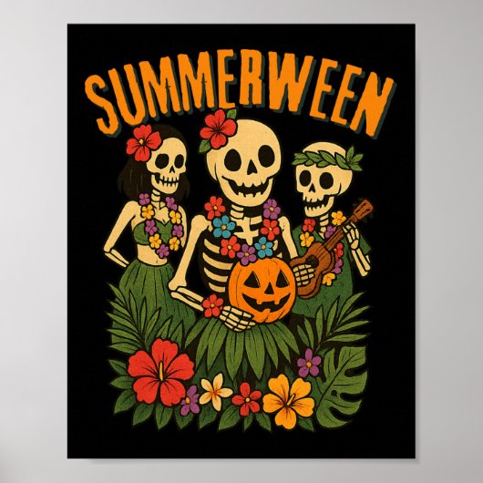 Poster Funny Summerween Skeletons Luau Party Halloween Be (Devant)