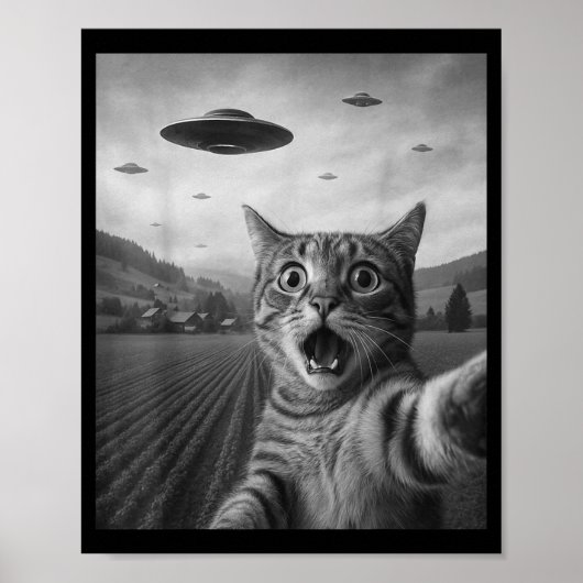 Poster Funny Surprised Ed Cat Selfie With Alien Ufo Cat U (Devant)