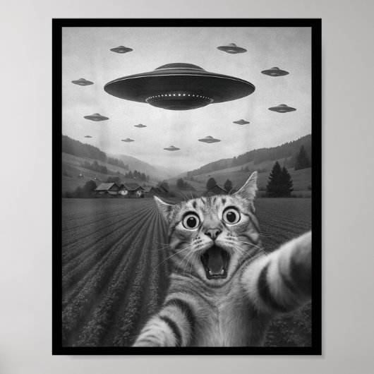 Poster Funny Surprised Ed Cat Selfie With Alien Ufo Cat U (Devant)