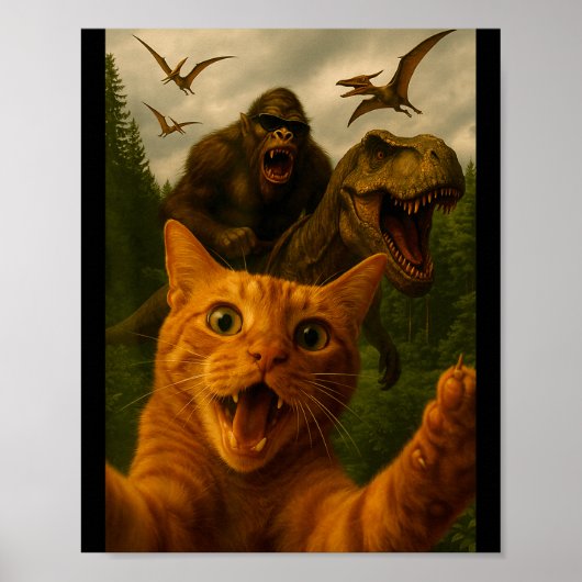 Poster Funny Surprised Ed Cat Selfie With Bigfoot T-rex (Devant)