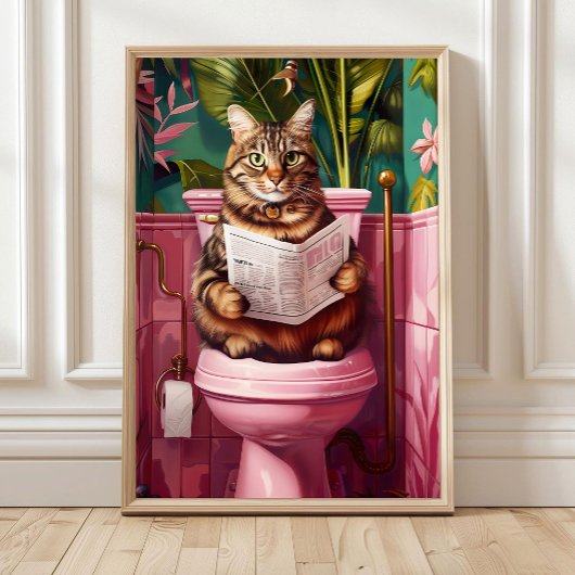 Poster Funny Tabby Cat Bathroom Print Quirky Cat Toilet