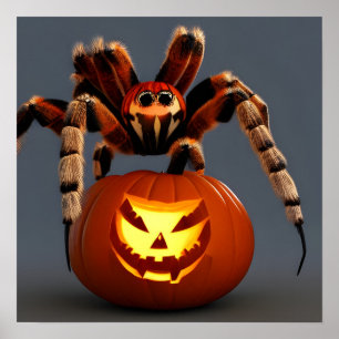 Poster Funny Tarantula With Jack O' Lantern Halloween 