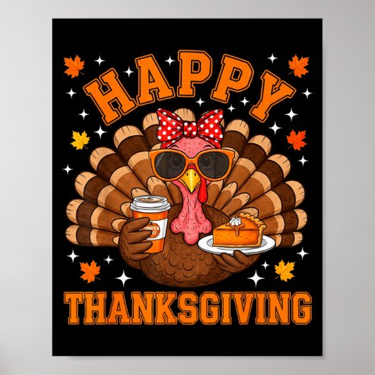 Poster Funny Turkey Drinking Coffee Thanksgiving Bow Girl (Devant)