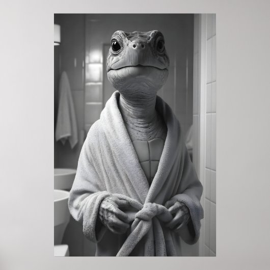 Poster Funny Turtle in Bathrobe Print, Quirky Bathroom (Devant)