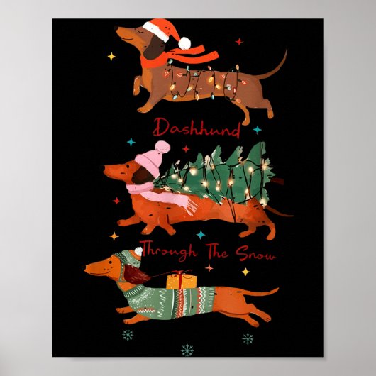 Poster Funny Weiner Dog Dachshund Through The Snow Merry  (Devant)