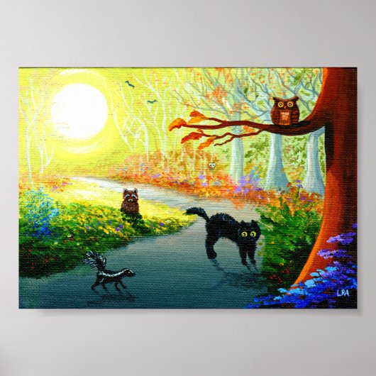 Poster Funny Whimsical Chat Owl Skunk Raccoon Forest (Devant)