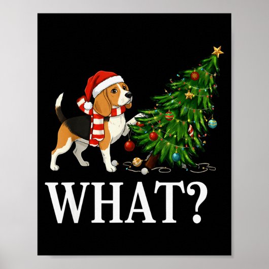 Poster Funny Xmas Beagle Pushing Christmas Tree Over Dog (Devant)