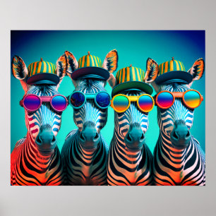 Poster Funny Zebras mignon Zoo Animaux Lunettes Casquette
