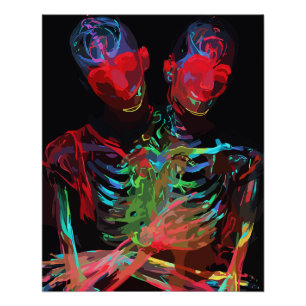 Poster Fusion d'art avec l'étreinte de squelette néon