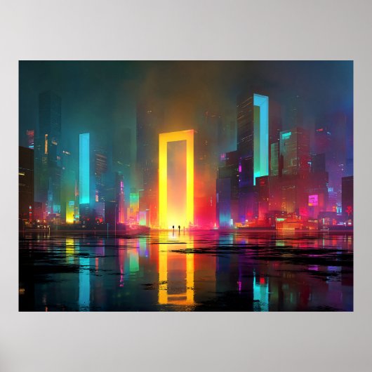 Poster Futuristic City with Radiant Neon Portal (Devant)