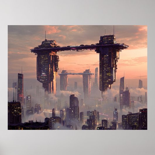 Poster Futuristic floating megastructures above the city (Devant)