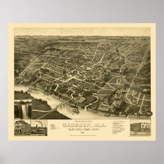 Poster Gadsden, AL Carte panoramique - 1887 (Devant)