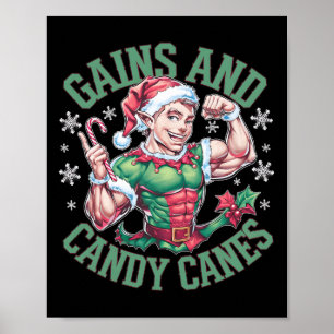 Poster Gains de musculation drôle d'elfe de Noël et canne